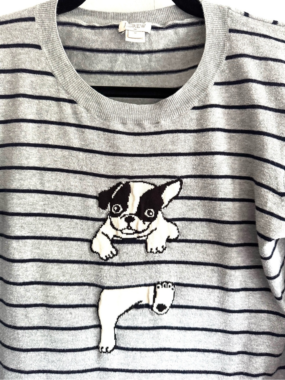 J. Crew Gray and Black Striped Crewneck Sweater with French Bulldog Motif